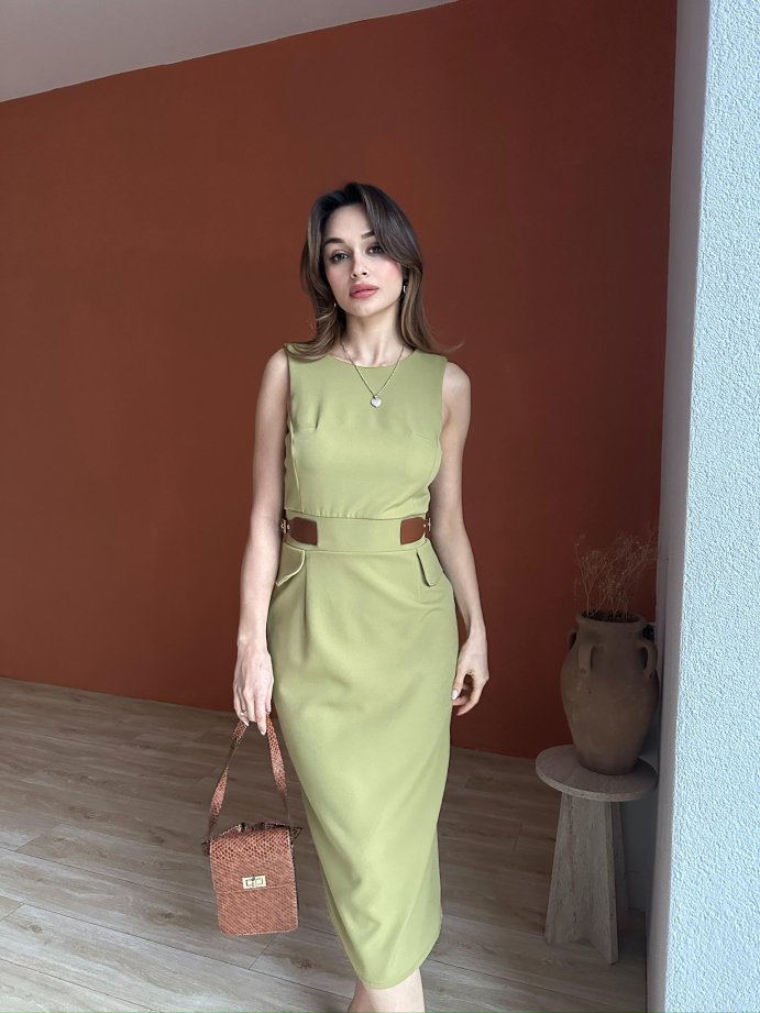 Bisiklet Yaka Deri Garnili Kalem Elbise 5014 Haki - S