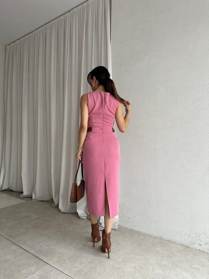 Bisiklet Yaka Deri Garnili Kalem Elbise 5014 Pembe - S