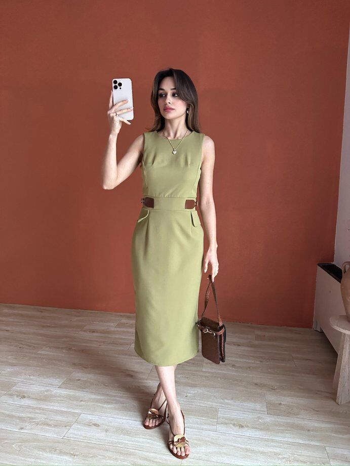 Bisiklet Yaka Deri Garnili Kalem Elbise 5014 Haki - M