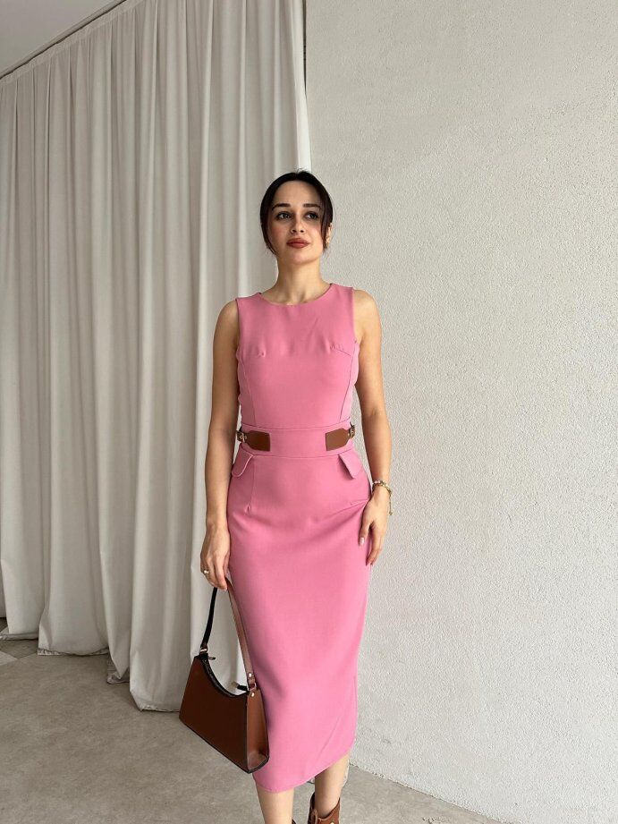 Bisiklet Yaka Deri Garnili Kalem Elbise 5014 Pembe - M