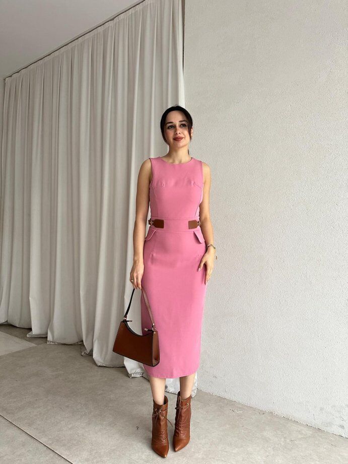 Bisiklet Yaka Deri Garnili Kalem Elbise 5014 Pembe - L