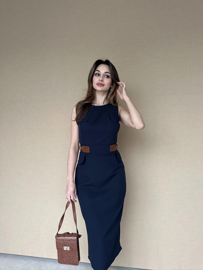 Bisiklet Yaka Deri Garnili Kalem Elbise 5014 Lacivert - XL
