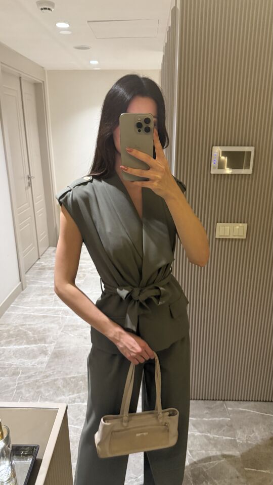 Kuşaklı Kruvaze Yelek Pantolon Takım 5052 Haki - S