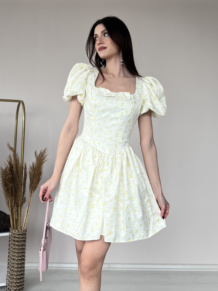 Çiçek Desenli Kare Yaka Mini Elbise 5104