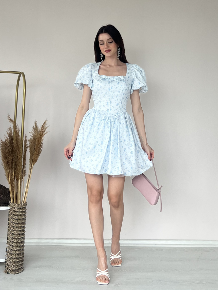 Çiçek Desenli Kare Yaka Mini Elbise 5104