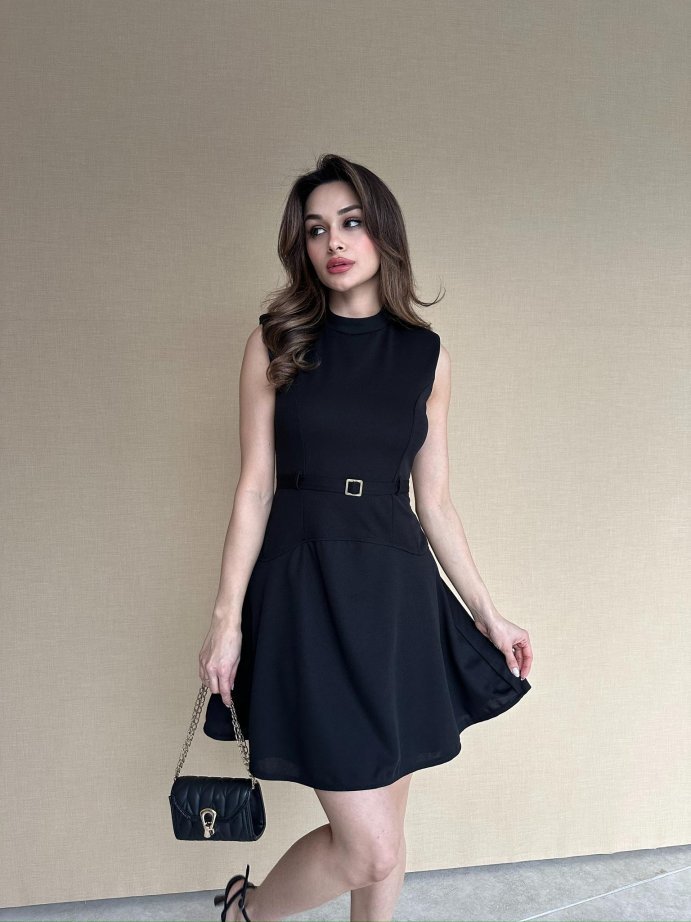Yarım Balıkçı Yaka Kemerli Mini Jile Elbise 5019 Siyah - L