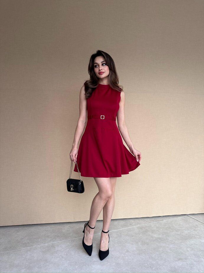 Yarım Balıkçı Yaka Kemerli Mini Jile Elbise 5019 Bordo - XL