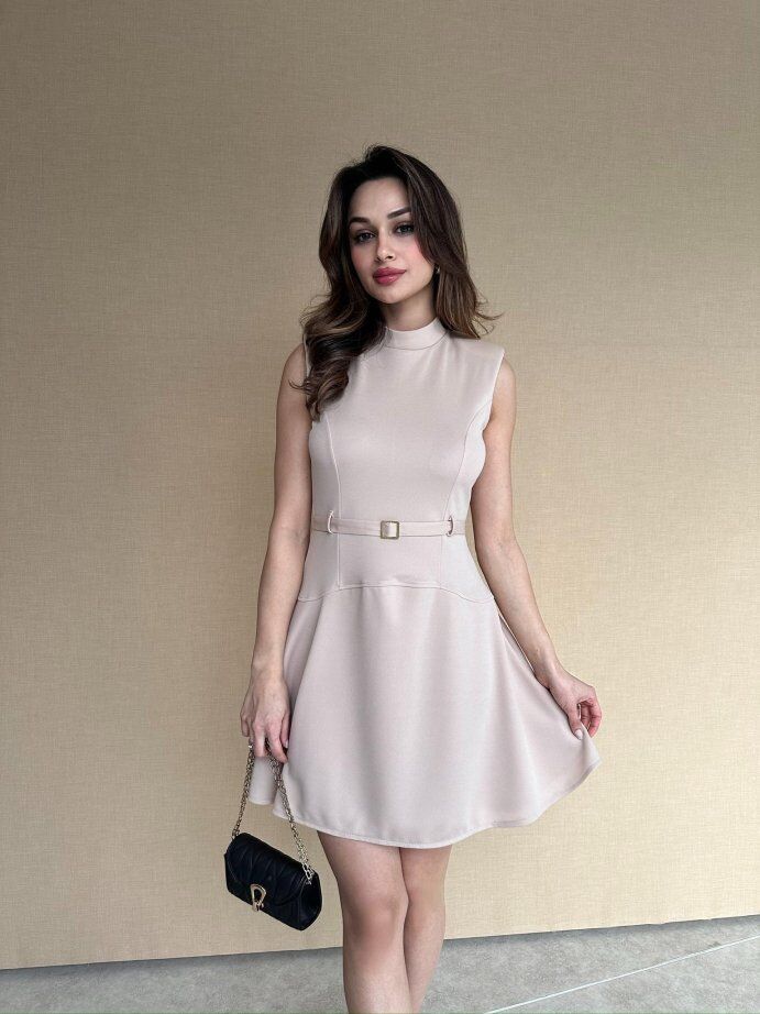 Yarım Balıkçı Yaka Kemerli Mini Jile Elbise 5019 Taş - XL