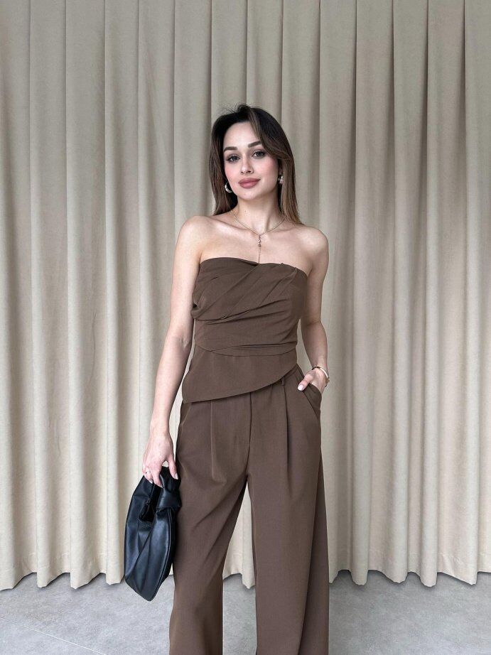 Straplez Drapeli Büstiyer Pantolon Takım 5026 Kahverengi - S