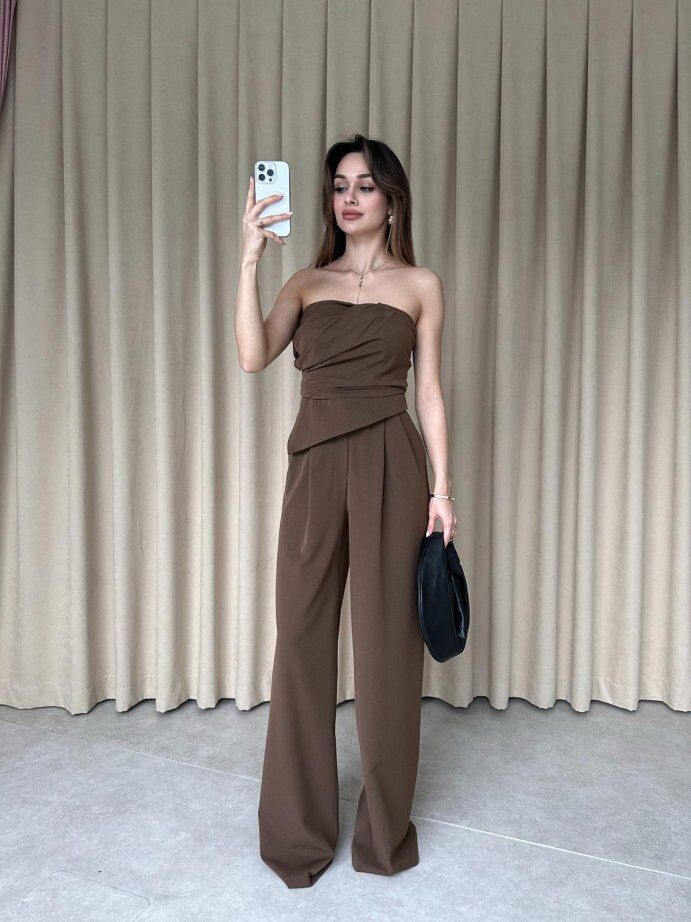 Straplez Drapeli Büstiyer Pantolon Takım 5026 Kahverengi - S