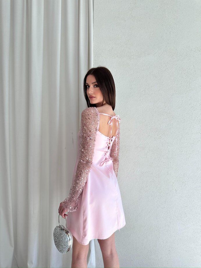 Kare Yaka Payet İşlemeli Tül Kollu Mini Elbise 5029 Pembe - S