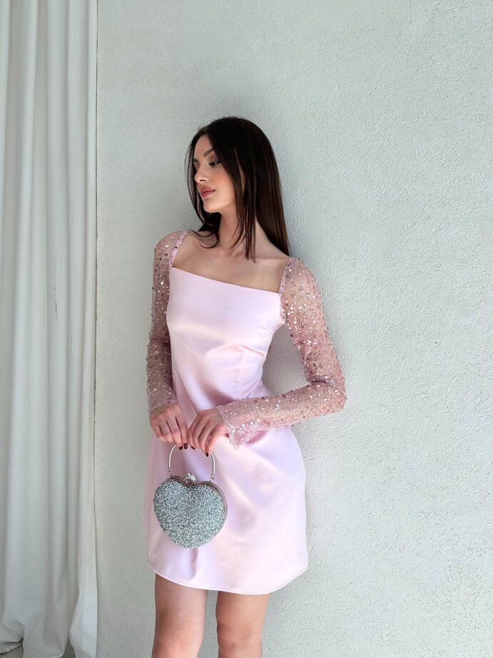 Kare Yaka Payet İşlemeli Tül Kollu Mini Elbise 5029 Pembe - L