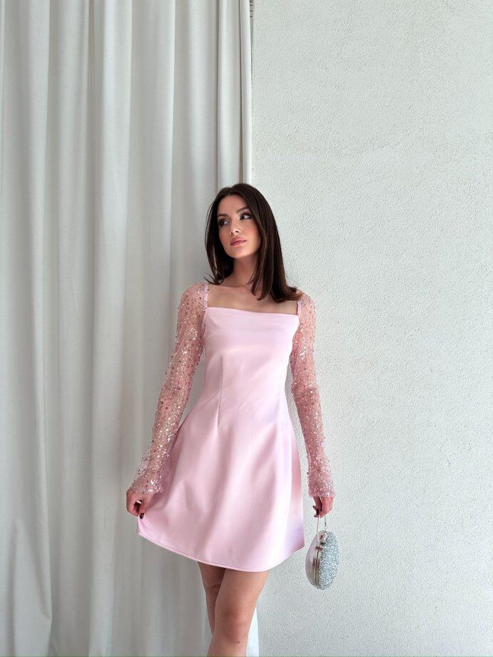 Kare Yaka Payet İşlemeli Tül Kollu Mini Elbise 5029 Pembe - L