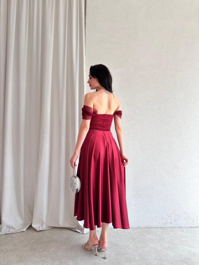 Düşük Omuz Saten Midi Davet Elbisesi 5030 Bordo - S