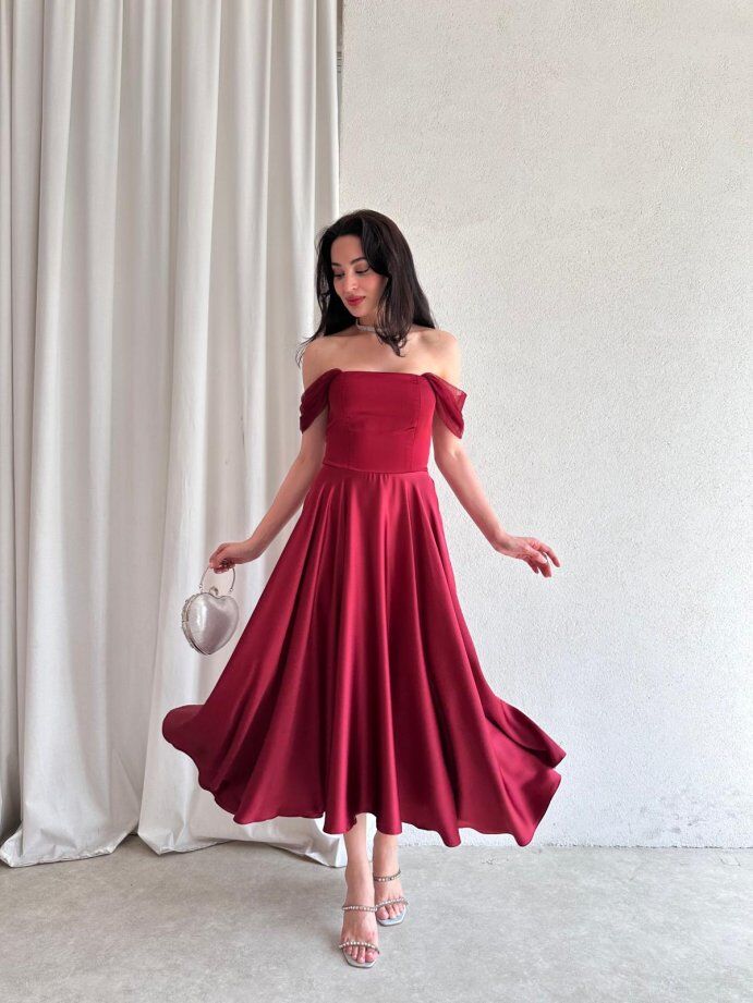 Düşük Omuz Saten Midi Davet Elbisesi 5030 Bordo - M