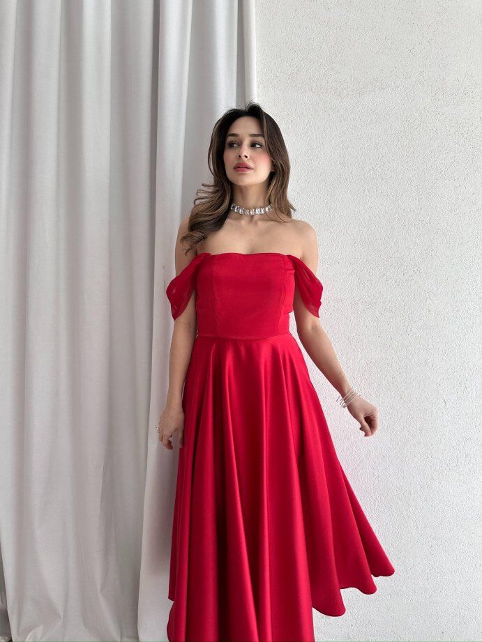 Düşük Omuz Saten Midi Davet Elbisesi 5030 Kırmızı - M