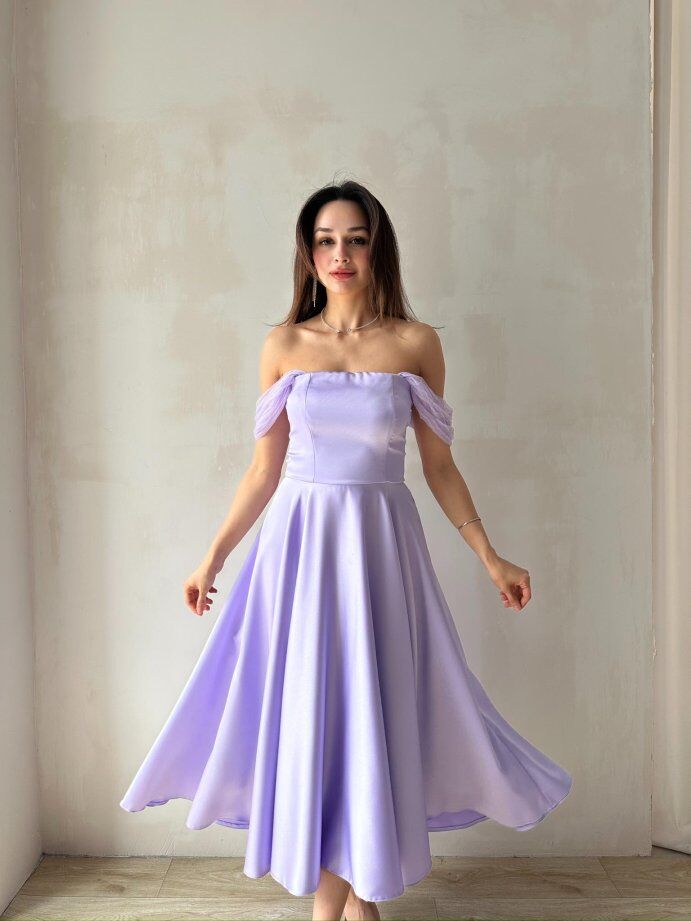 Düşük Omuz Saten Midi Davet Elbisesi 5030 Lila - L