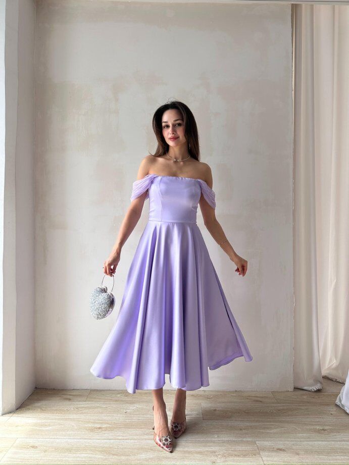 Düşük Omuz Saten Midi Davet Elbisesi 5030 Lila - XL