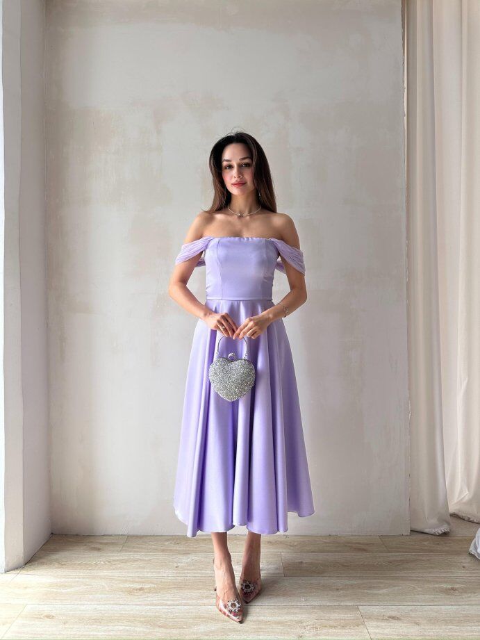 Düşük Omuz Saten Midi Davet Elbisesi 5030 Lila - XL