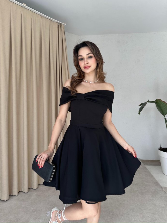 Madonna Yaka Fiyonk Detaylı Kloş Mini Elbise 5032