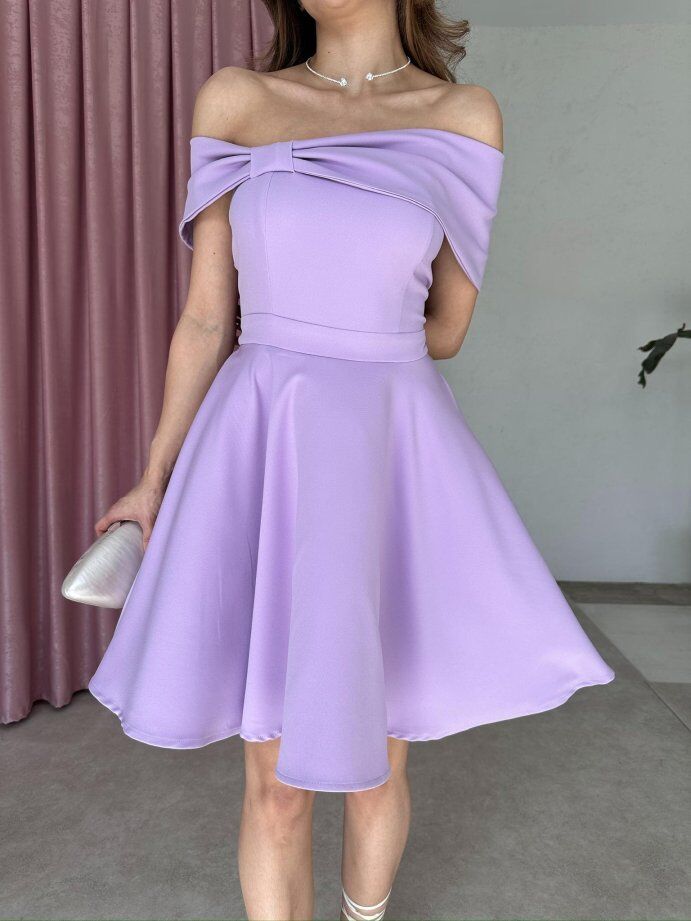 Madonna Yaka Fiyonk Detaylı Kloş Mini Elbise 5032 Lila - S