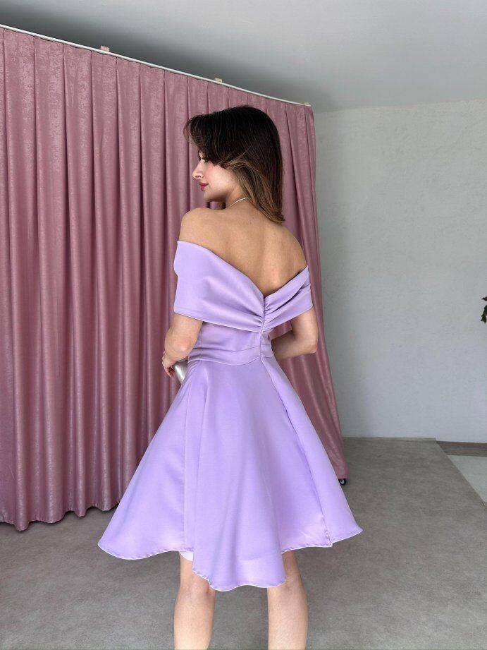 Madonna Yaka Fiyonk Detaylı Kloş Mini Elbise 5032 Lila - M