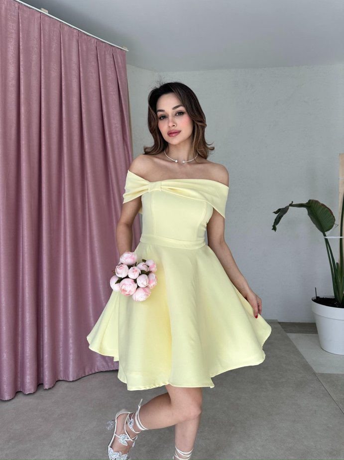 Madonna Yaka Fiyonk Detaylı Kloş Mini Elbise 5032 Sarı - M