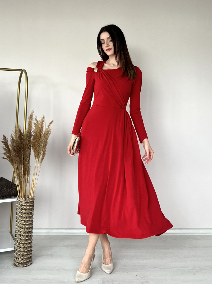 Omuz Detaylı Uzun Kollu Midi Elbise 6089
