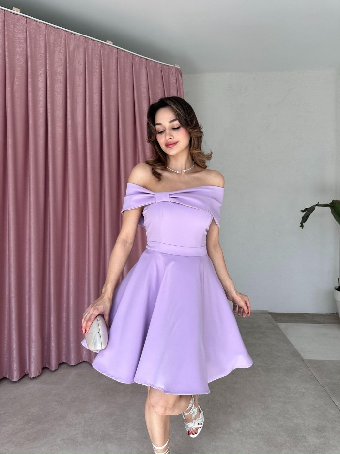 Madonna Yaka Fiyonk Detaylı Kloş Mini Elbise 5032 Lila - L