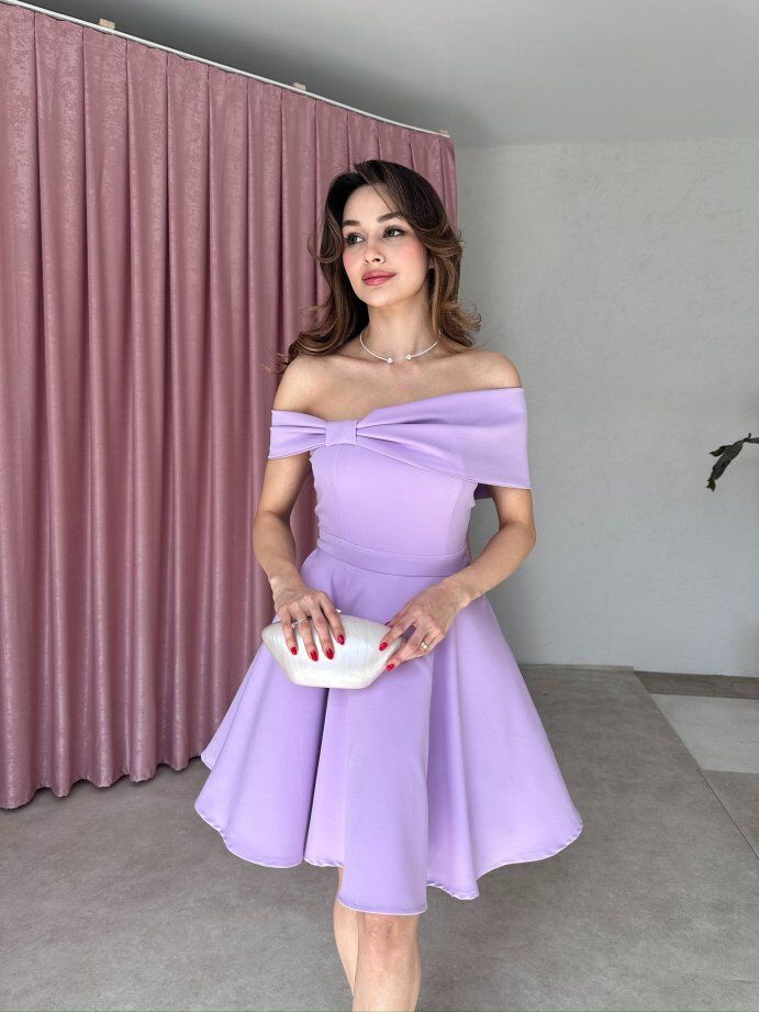 Madonna Yaka Fiyonk Detaylı Kloş Mini Elbise 5032 Lila - L