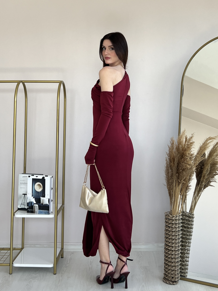 Tek Omuz Kol Detaylı Drapeli Uzun Abiye Elbise 6099