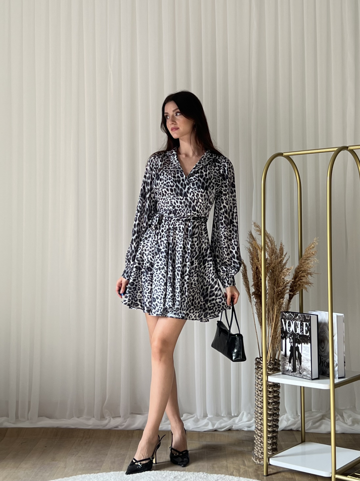 Leopar Desenli Mini Elbise 2043