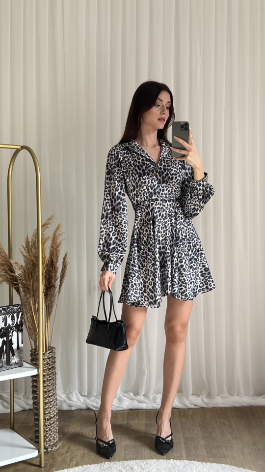 Leopar Desenli Mini Elbise 2043