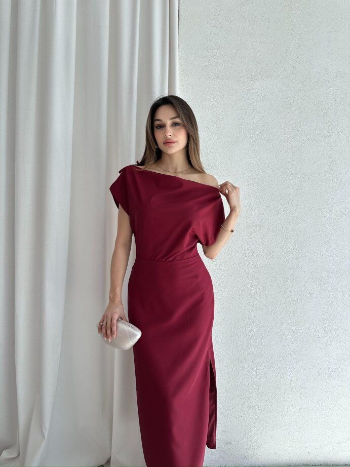 Tek Omuz Askı Detaylı Drapeli Kalem Elbise 5039 Bordo - S