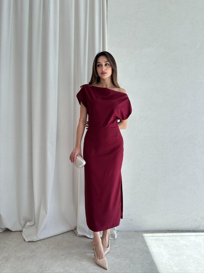 Tek Omuz Askı Detaylı Drapeli Kalem Elbise 5039 Bordo - M