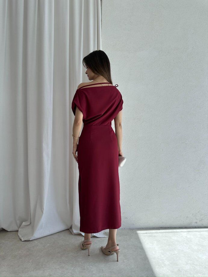 Tek Omuz Askı Detaylı Drapeli Kalem Elbise 5039 Bordo - XL