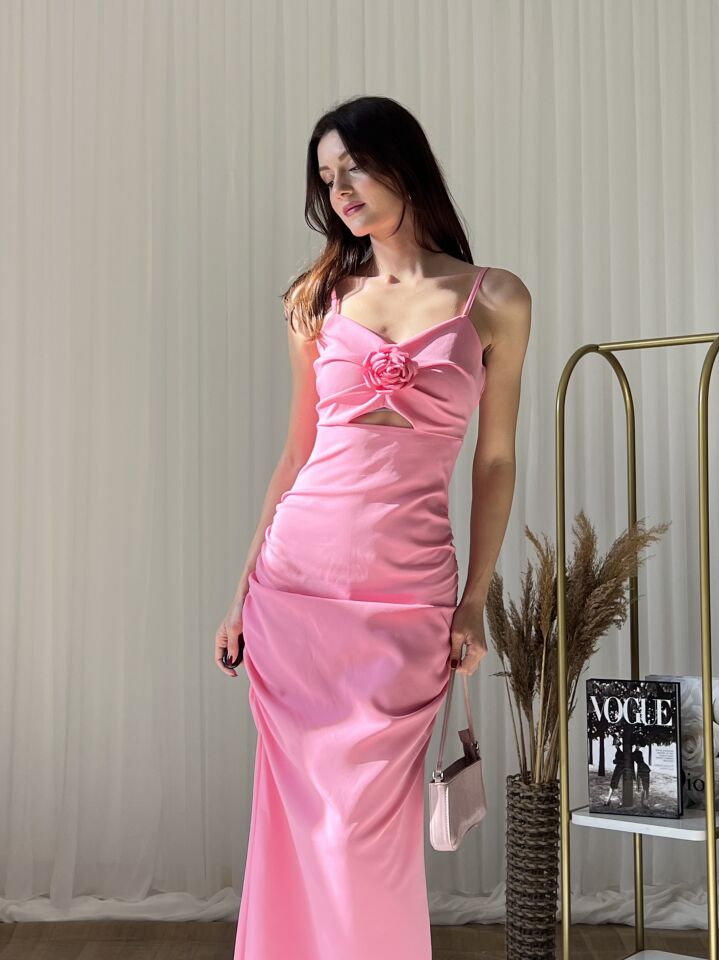 Gül Detaylı Drapeli Uzun Abiye Elbise 2157 Pembe - S