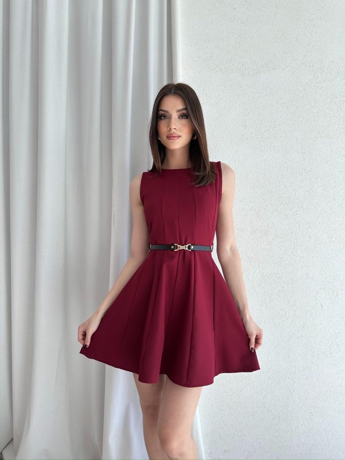 Bisiklet Yaka Garnili Kemerli Kloş Mini Elbise 5040 Bordo - S