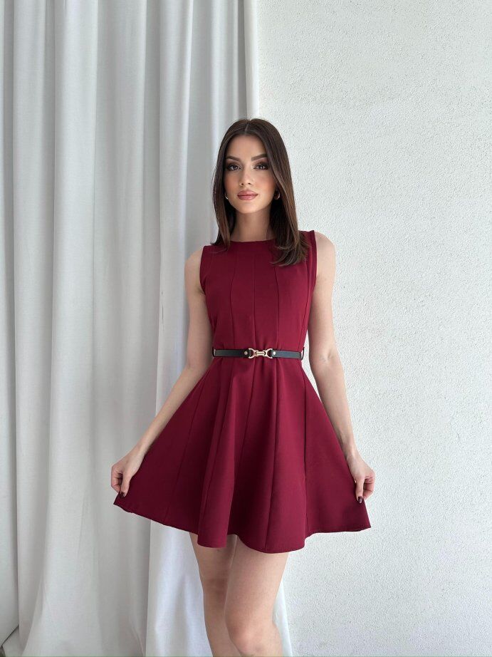 Bisiklet Yaka Garnili Kemerli Kloş Mini Elbise 5040 Bordo - M