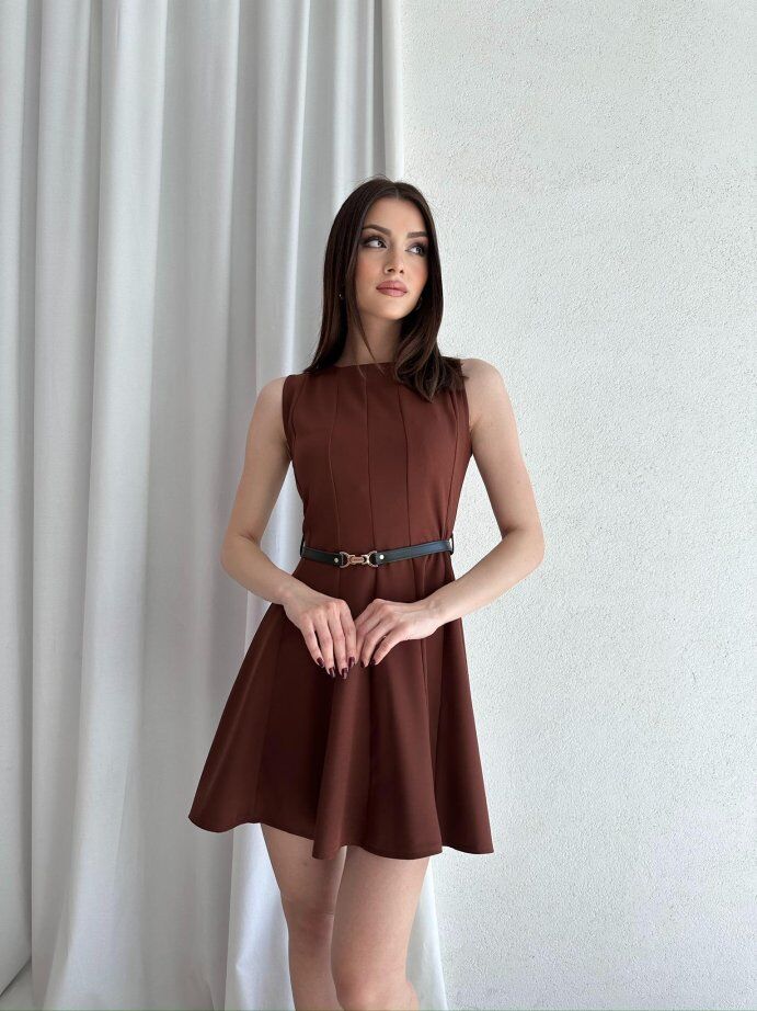 Bisiklet Yaka Garnili Kemerli Kloş Mini Elbise 5040 Kahverengi - M