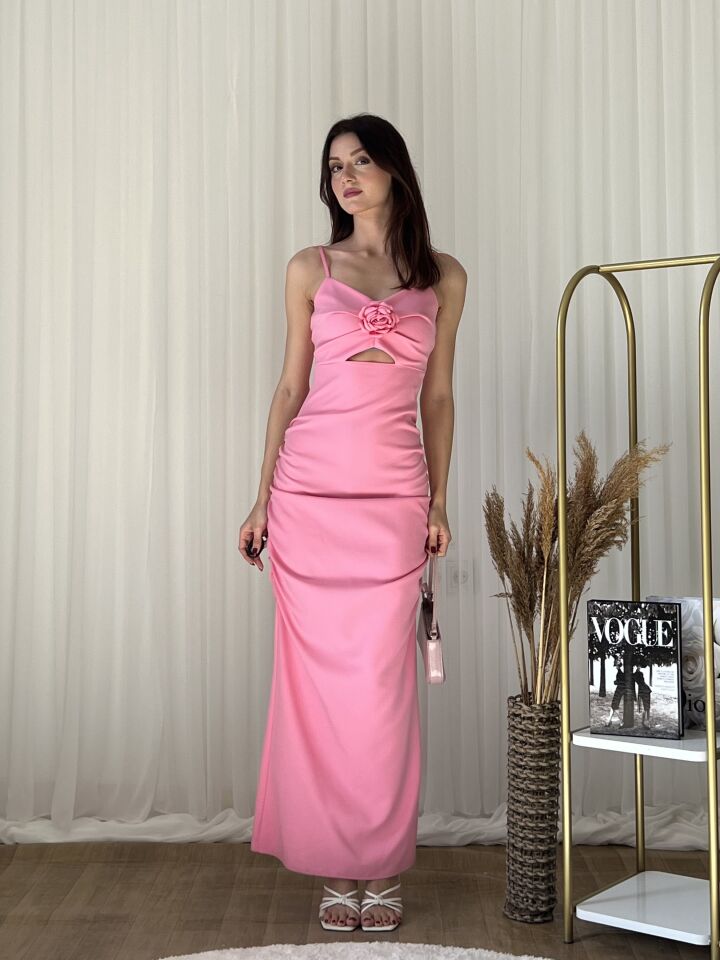 Gül Detaylı Drapeli Uzun Abiye Elbise 2157 Pembe - L