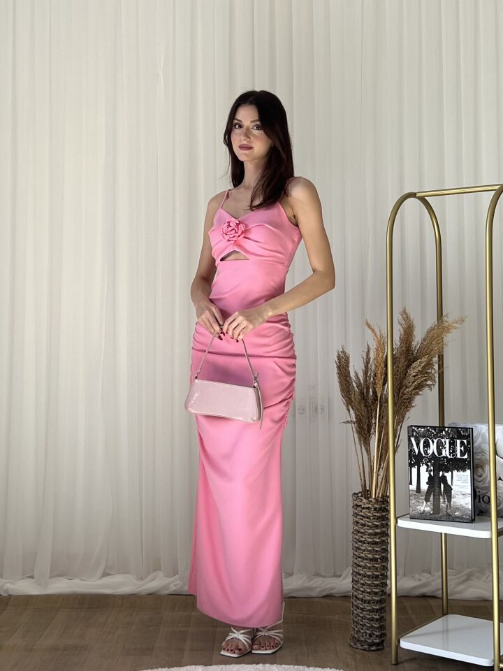 Gül Detaylı Drapeli Uzun Abiye Elbise 2157 Pembe - L