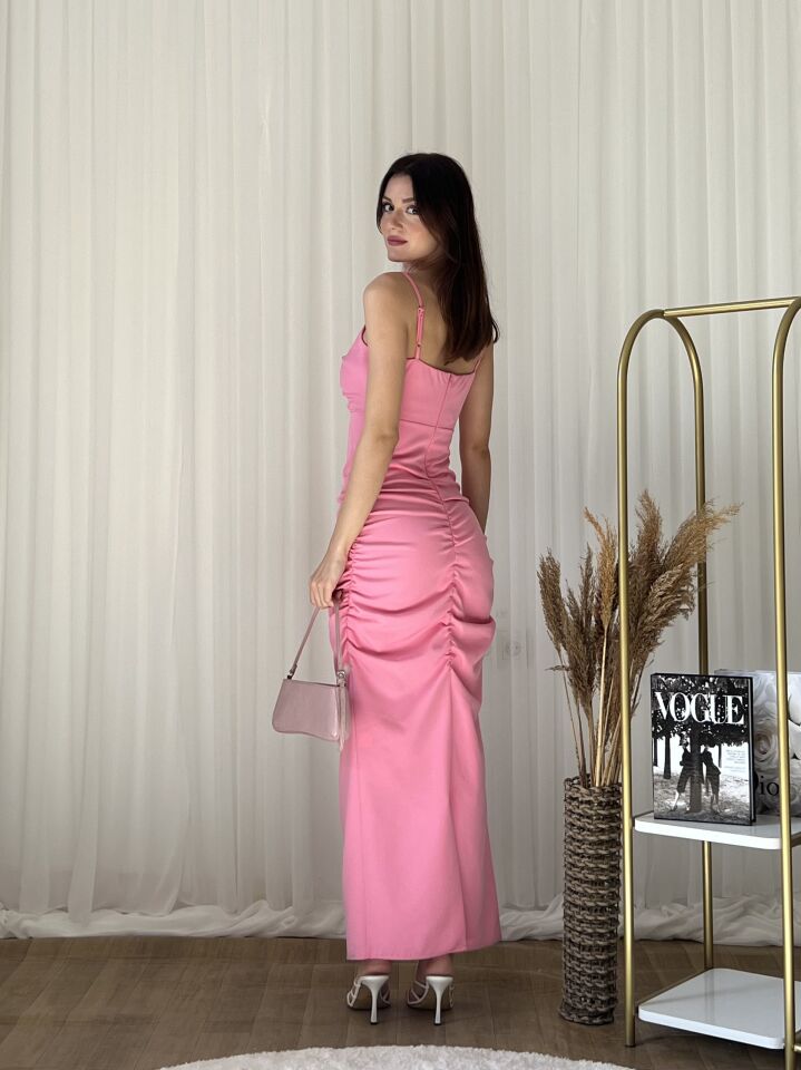 Gül Detaylı Drapeli Uzun Abiye Elbise 2157 Pembe - L