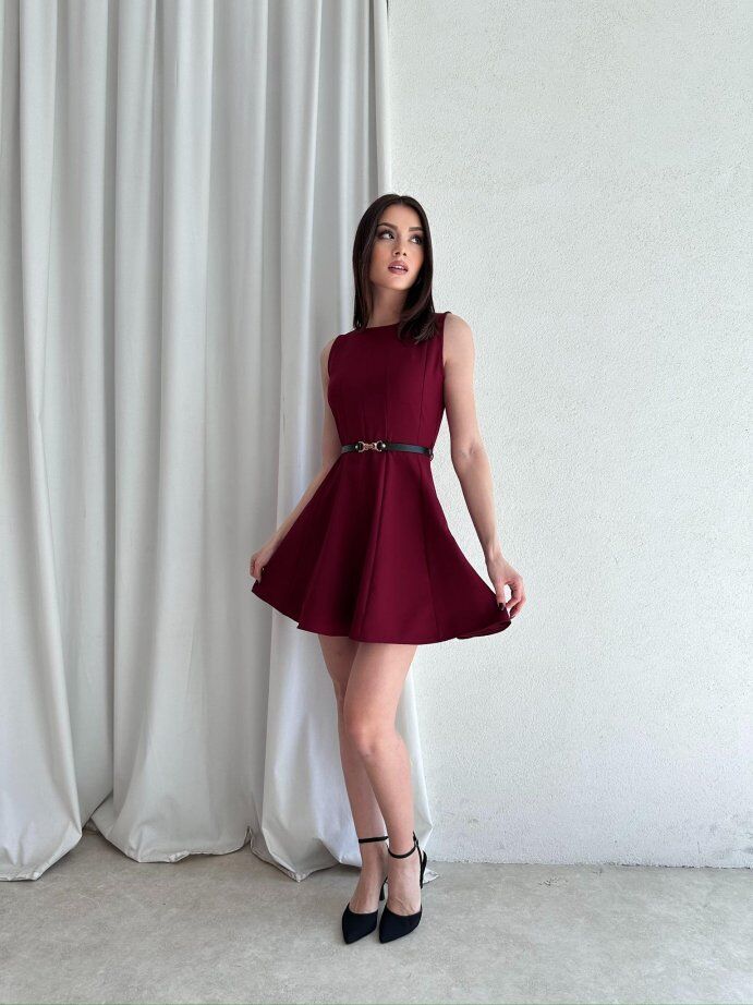 Bisiklet Yaka Garnili Kemerli Kloş Mini Elbise 5040 Bordo - L