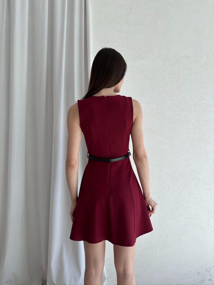 Bisiklet Yaka Garnili Kemerli Kloş Mini Elbise 5040 Bordo - L