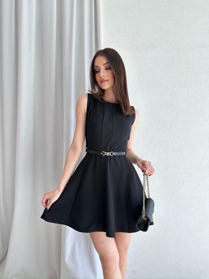 Bisiklet Yaka Garnili Kemerli Kloş Mini Elbise 5040 Siyah - L