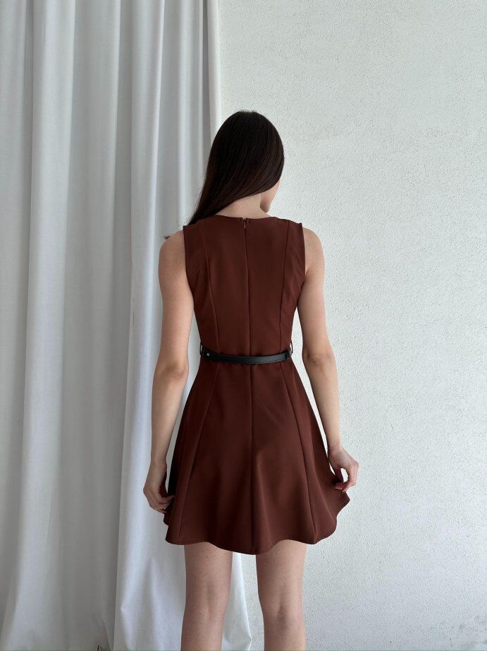Bisiklet Yaka Garnili Kemerli Kloş Mini Elbise 5040 Kahverengi - XL