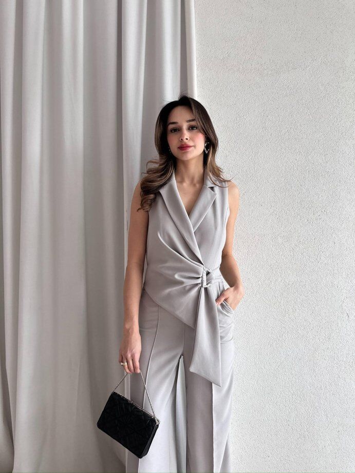 Şal Yaka Bağlama Detaylı Yelek Pantolon Takım 5042 Gri - L
