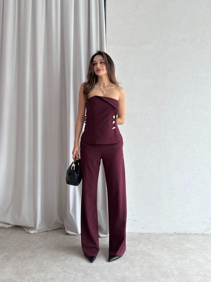 Straplez Gold Düğme Detaylı Büstiyer Pantolon Takım 5043 Bordo - S