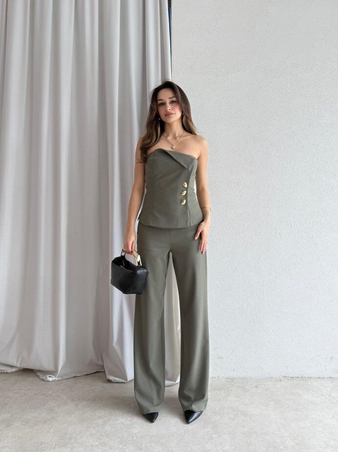 Straplez Gold Düğme Detaylı Büstiyer Pantolon Takım 5043 Haki - S